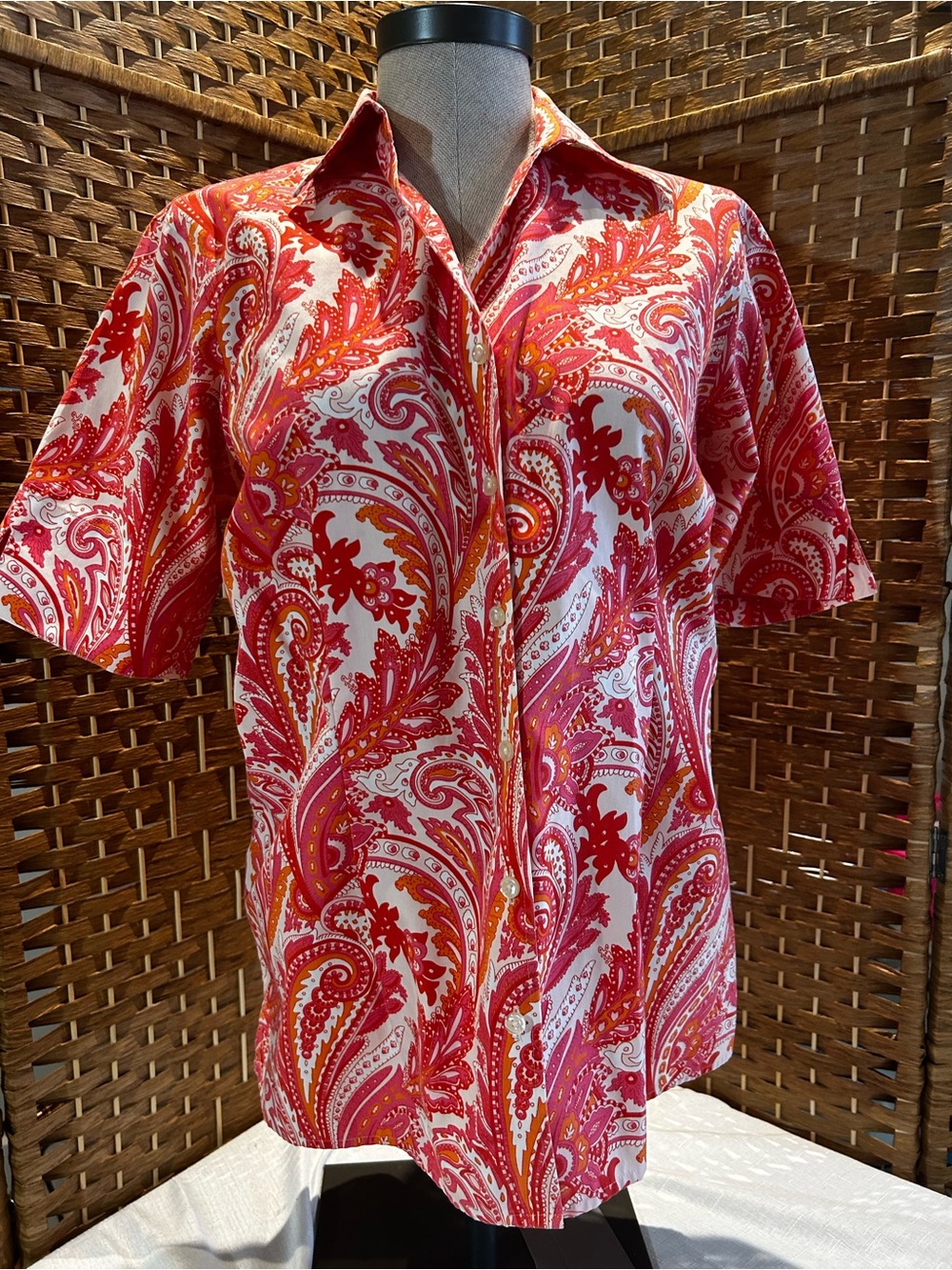 Lands End Paisley Button Front Shirt No Iron Cotton Size 14
